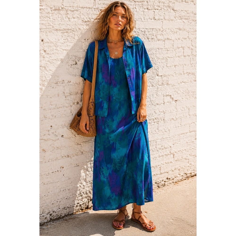 Vintage Draper's & Damon's Teal Purple Rayon 2pc Dress Set Abstract Artsy 18W